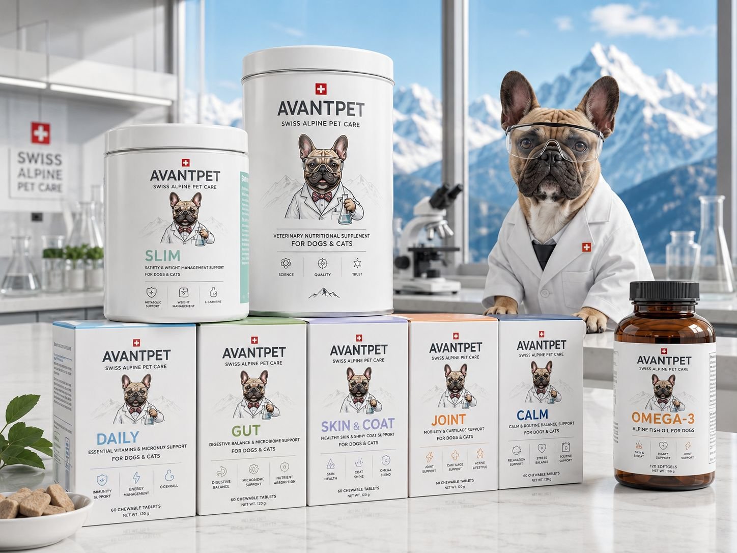 Apresentação visual da linha AvantPet com embalagens Daily, Gut, Skin & Coat, Joint, Calm, Slim e Ômega-3
