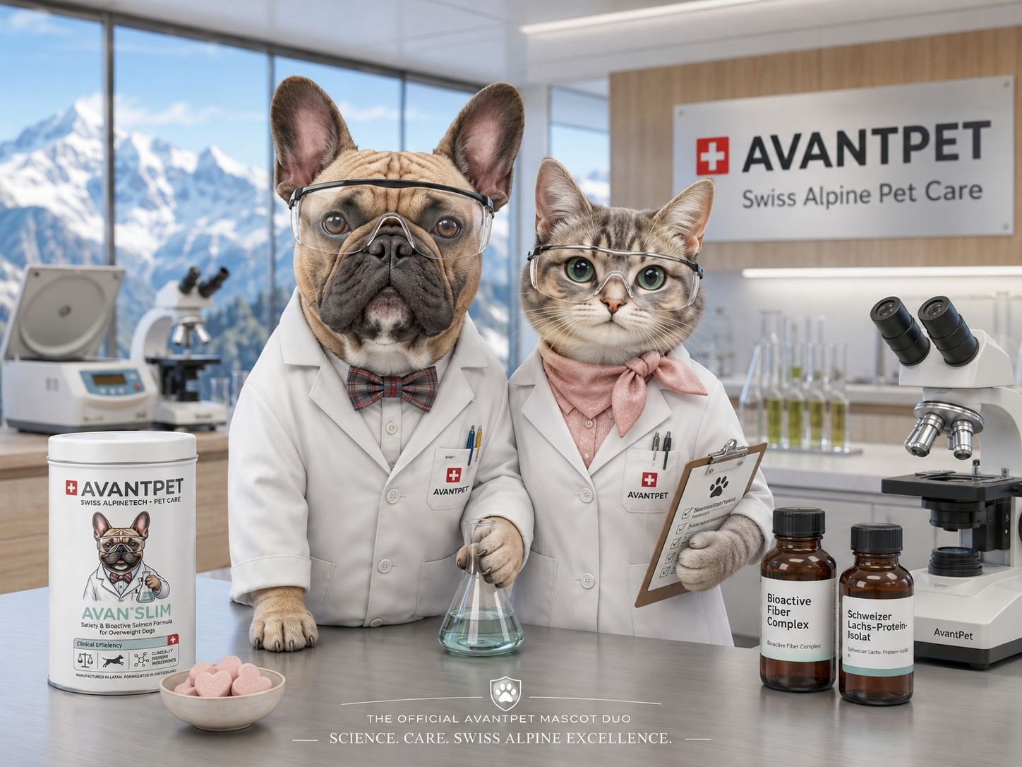 Mascotes AvantPet: cachorro e gato de jaleco em um laboratório com paisagem alpina